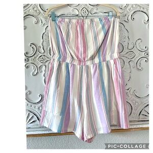 AMERICAN EAGLE STRIPED DUSTY COLORS VISCOSE LINEN BLEND LINED STRAPLESS ROMPER